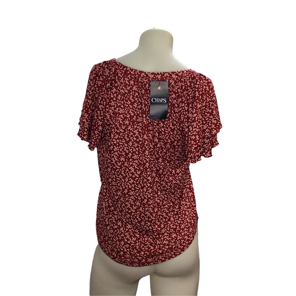 Chaps Women's Short Sleeve Peasant Top Small NWT Red Flower Print Tie Detail - Picture 3 of 6